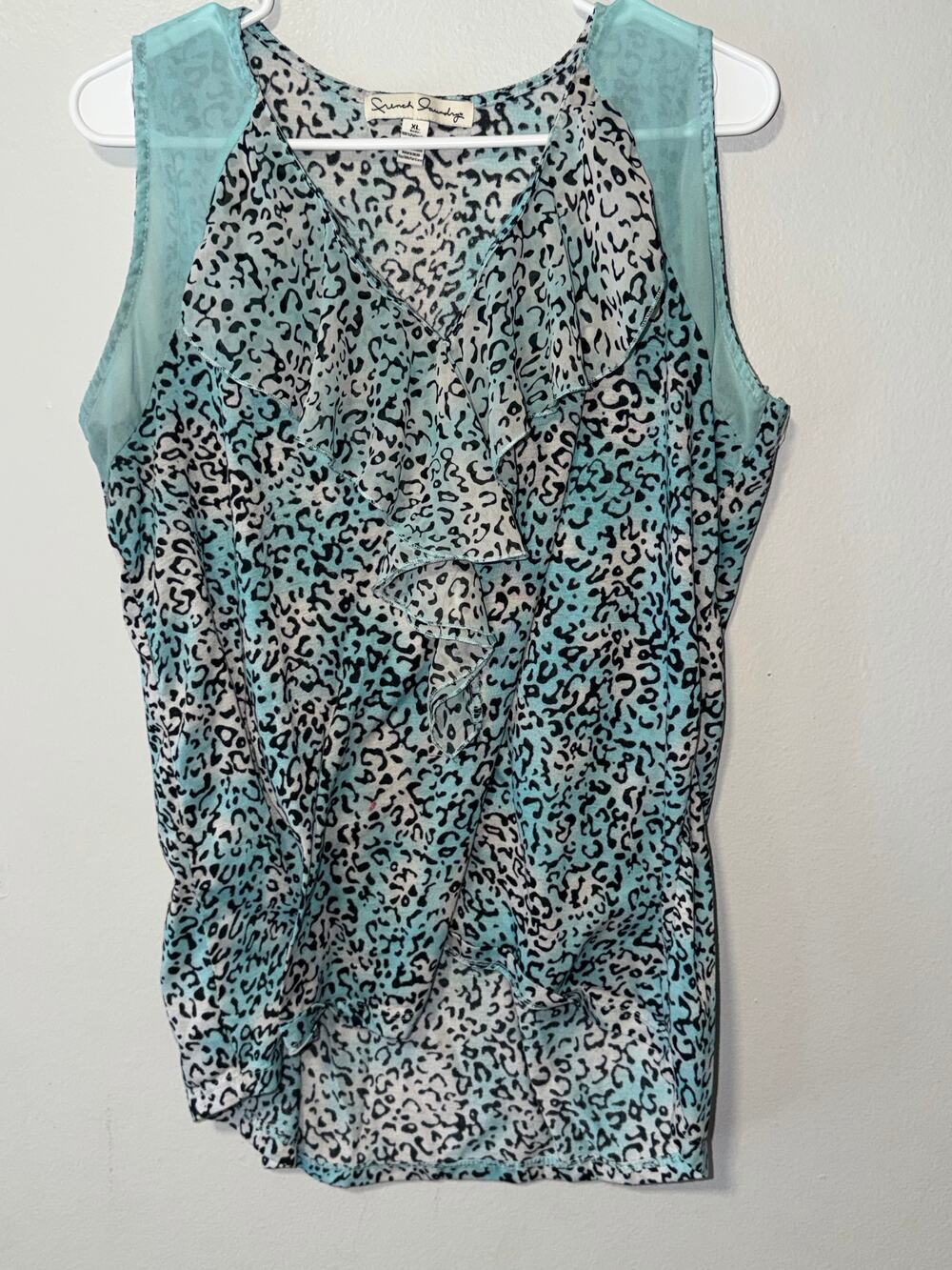 French Laundry Blue and Black Abstract Print Sleeveless Blouse V-Neck Ruffle Fro